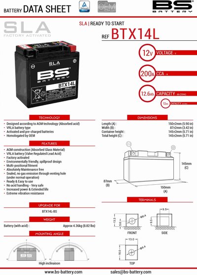 SPORTSTER 883 LOW (2005 - 2019) btx14l sla battery | BS BATTERY