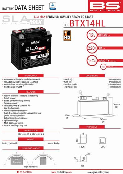 SPORTSTER 883 LOW (2005 - 2020) btx14hl sla max battery | BS BATTERY