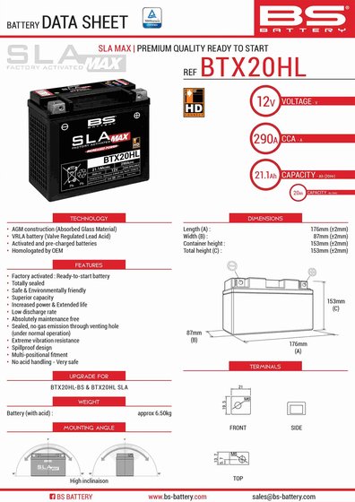 DYNA WIDE GLIDE (1993 - 2017) btx20hl sla max battery | BS BATTERY