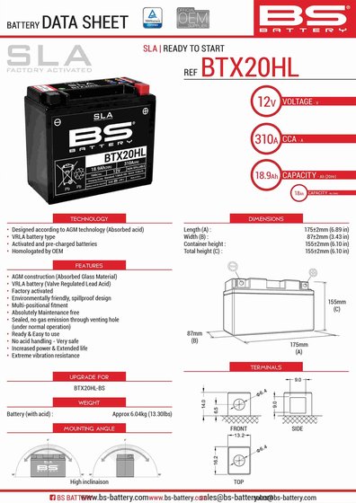 DYNA LOW RIDER (1993 - 2017) btx20hl sla battery | BS BATTERY