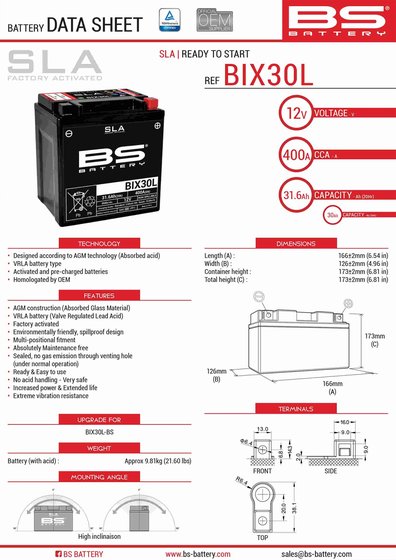 SOFTAIL SLIM (2012 - 2013) bs bix30l sla battery | BS BATTERY