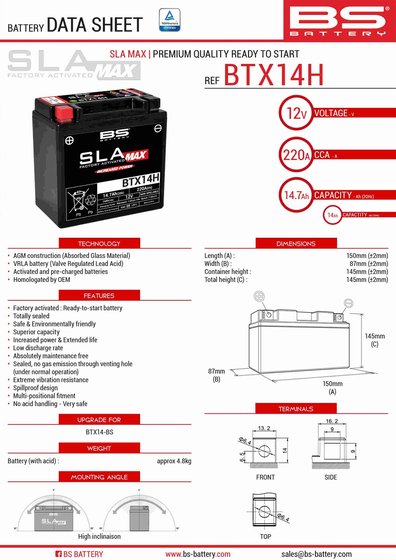 V-ROD BLACK FINISH (2004 - 2005) btx14h sla max battery | BS BATTERY