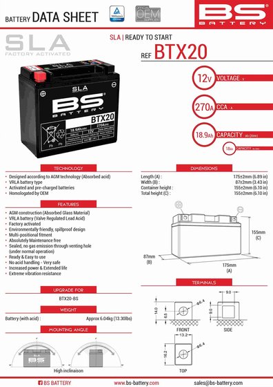 SPORT GLIDE/TOURING GT/DISC GLIDE (1984 - 1992) btx20h sla akumuliatorius | BS BATTERY